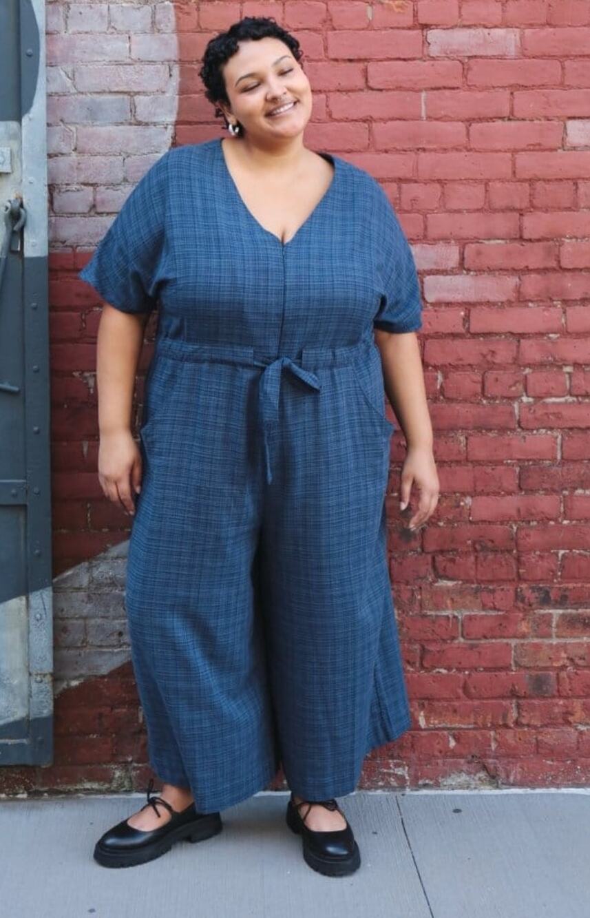 OddBird Co. Divane Jumpsuit Indigo Blue Plaid Cotton Viscose Wide Leg Size 1XL